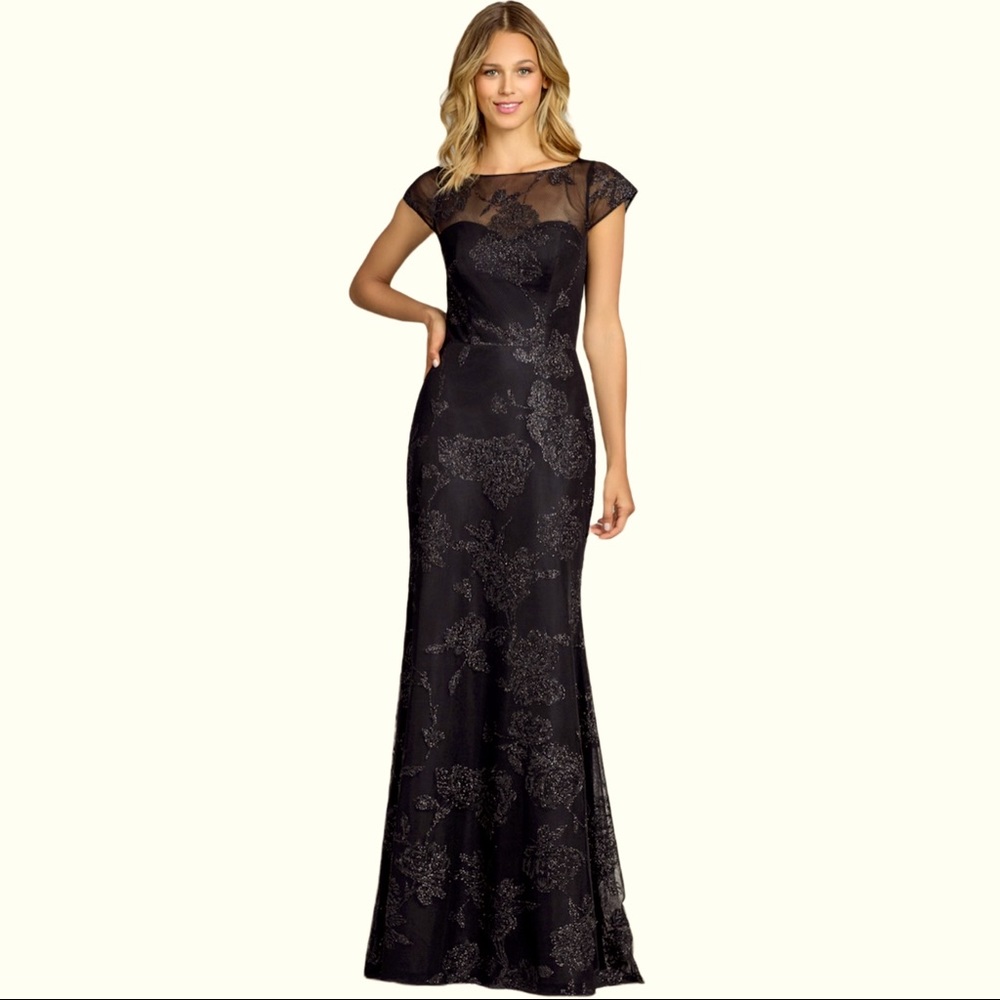Black gown cap sleeve bateau neck  size 12 Hayley Paige NWT